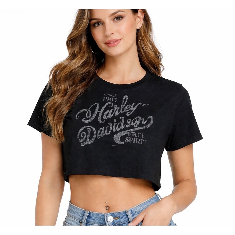Harley Davidson Black Crop Top Tee Womens Medium Tight Fit Stretch Belly Shirt